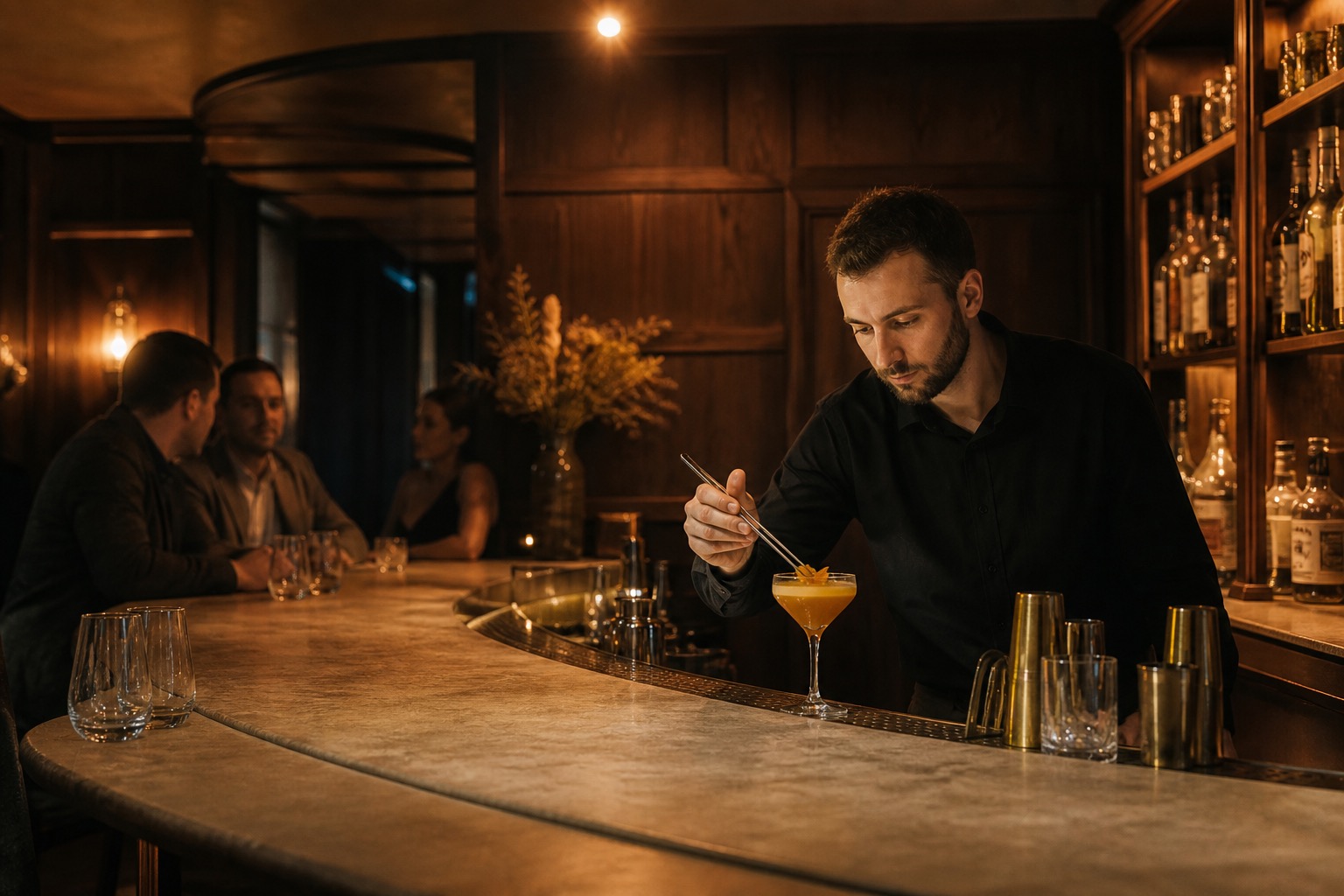 Orzechowy bar z barmanem przygotowującym napój